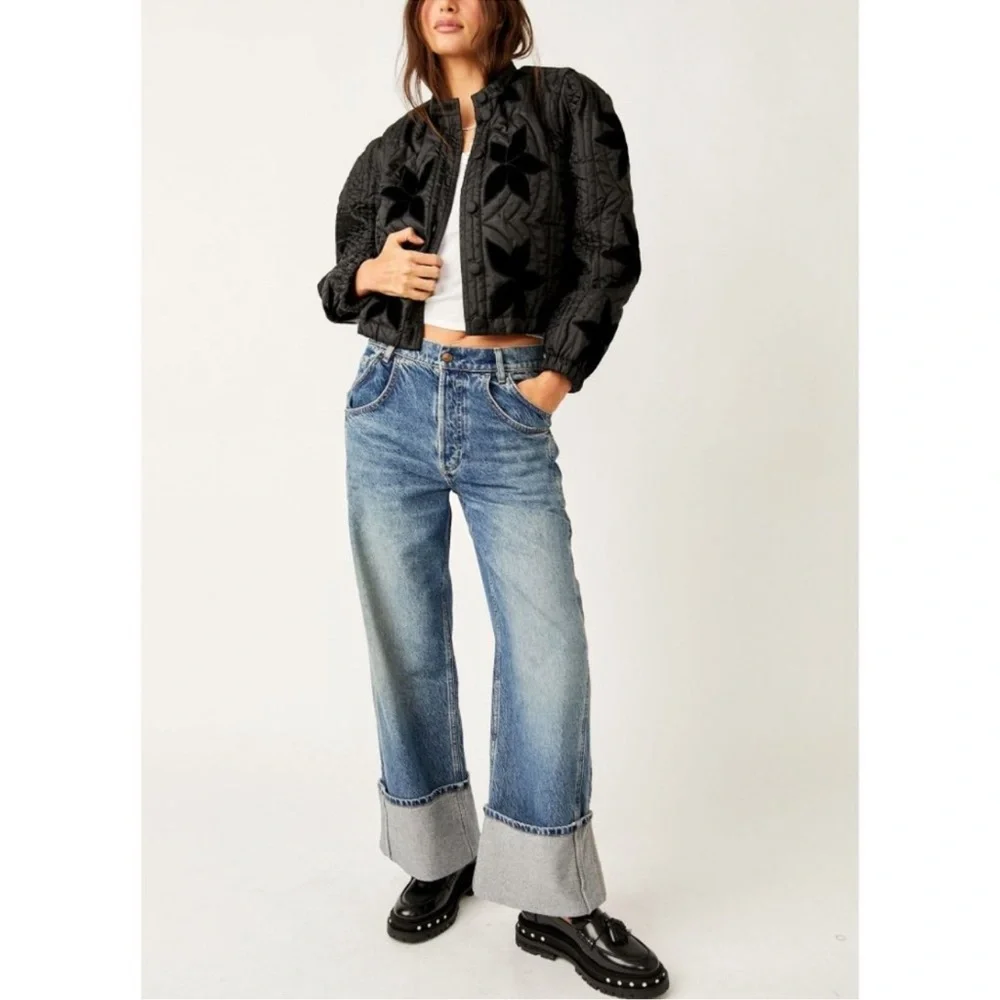 NWT FREE PEOPLE Quinn Quilted Jacket / Black Floral Bomber Satin - Picture 7 of 10